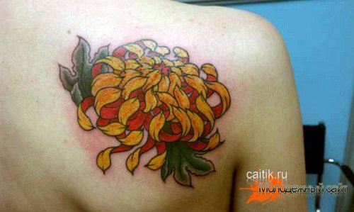 татуировка желтая хризантема на спине
