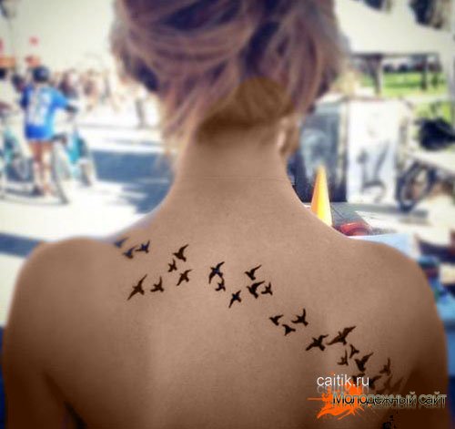 татуировка стая птиц на спине у девушки