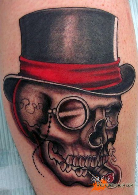 татуировка череп с цилиндром и сигарой