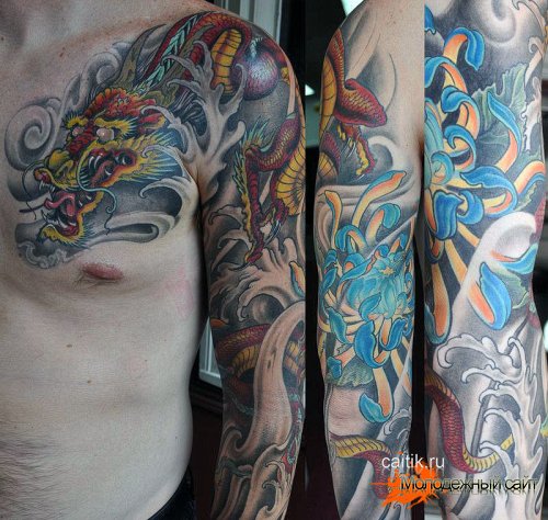 татуировка хризантема в японском стиле с драконом